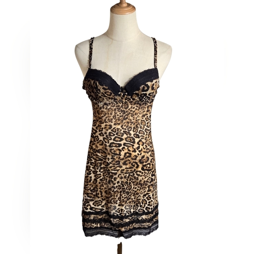 Leopard Print Lace Trim Sheer Mini Dress